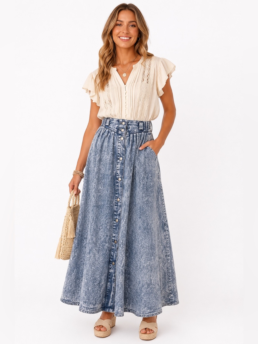 VTG 80’s Jordache Acid Wash Denim Midi Skirt Button Front Pleated Waist A-Line